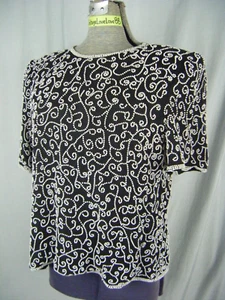 LAURENCE KAZAR Vtg 80s Heavy Pearl Floral Beaded Black Silk Top-Bust 45/L - Picture 1 of 11