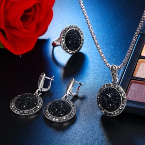 Negro Plata 925 Plt Bohemia Natural Cristal CirczSet Pendientes Anillo Mujer - Imagen 1 de 11