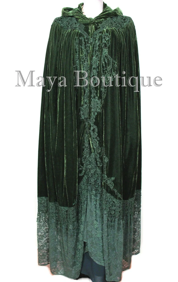 Cloak Opera Cape Dark Green Victorian Rep Long Velvet & Lace Lined Maya Boutique - Image 1 of 4