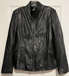 Chaqueta de cuero para mujer Cole Haan negra de piel de cordero forrada suave mantecosa mediana nueva sin etiquetas - Imagen 1 de 7