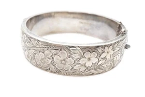 Vintage Sterling Silber 925 Armreif Armband 7" Blume geätzt - Bild 1 von 11