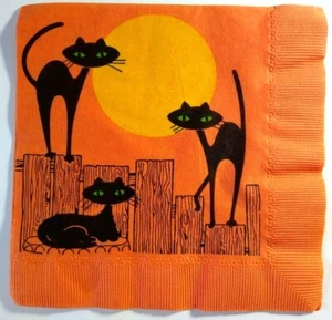 Halloween Napkin Siamese Black Cats Full Moon Retro Mid Century Mod Paper NOS - Picture 1 of 4