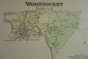 1870 Woonsocket, Providence Co., Rhode Island, mapa coloreado a mano, D.G Beers Co. - Imagen 1 de 3