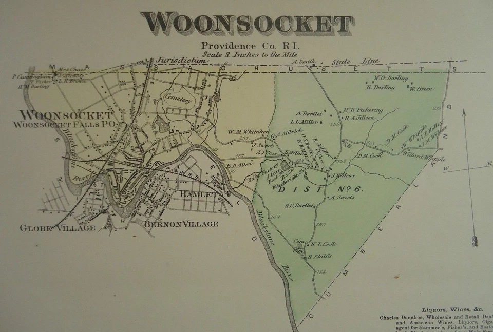 1870 Woonsocket, Providence Co., Rhode Island, Hand-Colored Map, D.G Beers Co. - Image 1 of 3