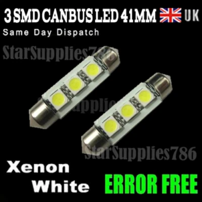 5x 3 SMD LED 41MM WHITE CANBUS NUMBER PLATE INTERIOR LIGHT FESTOON LED BULBS - Image 1 of 4
