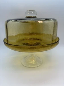 Vintage mundgeblasener Kuchenständer mit Kuppel Blase Glas Bernstein - Bild 1 von 11