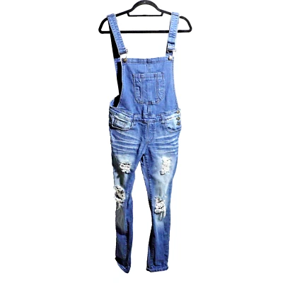 Machine Italy Bib Overalls Womens 31 Large Blue Distressed Grunge Denim Skinny - Image 1 of 4