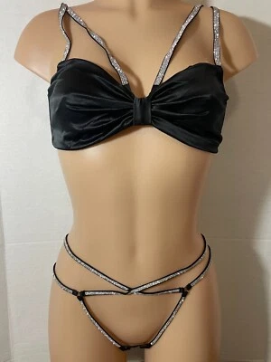 L VICTORIA'S SECRET Bow BRALETTE Bra & SHINE STRAP THONG Panty Set Satin Cutout - Image 1 of 4