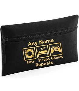 Eat Sleep Game Repeat Black Personalised Kids Childs School Pencil Case Xmas - Picture 1 of 12