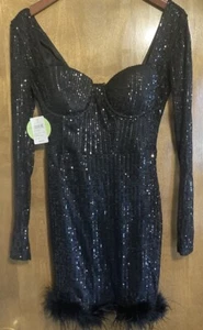 WINDSOR "Jayla" Dress Sz M Black Sequin Feather Trim Sheer Long Sleeve.New Party - Picture 1 of 11