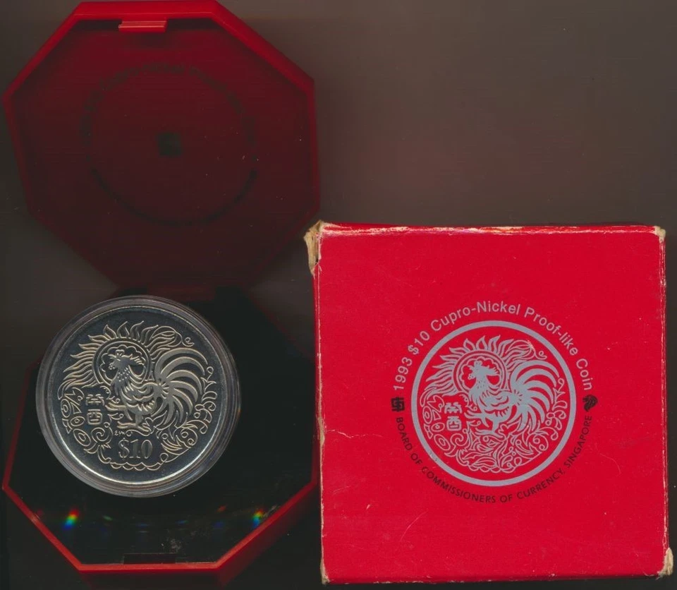 Singapur: 1993 $10 prueba-como año del gallo, estuche Foto 1 de 1