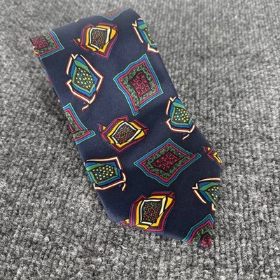 Gravata vintage Burberrys 100% seda azul marinho estampa de cachecol gravata geométrica França - Imagem 1 de 4