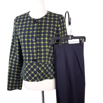 Austin Reed Blue Black Green 2 Piece Pant Jacket Suit Silk Wool Size 6 Size 10 P - Image 1 of 4