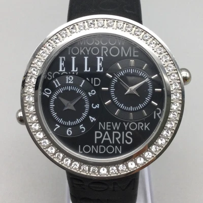 ELLE Watch Womens 40mm Dual Time Silver Tone Pave Leather New Battery - Image 1 of 4
