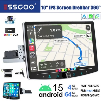 DAB+ 10" Autoradio 1DIN Android15 64G SAT NAV GPS BT RDS 360° Drehbar Bildschirm - Bild 1 von 4