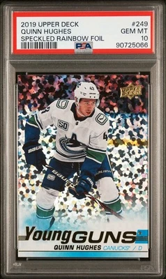 2019 UPPER DECK HOCKEY YOUNG GUNS SPECKLED RAINBOW FOIL QUINN HUGHES RC PSA 10 - Image 1 of 2