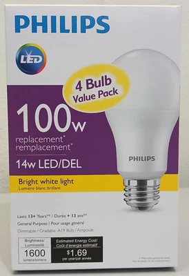 PHILIPS 14W LED A19 4PK 3000K SOFT WHITE LIGHT 58182 - Image 1 of 2