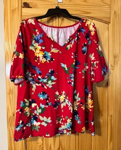 D&CO Women’s Size L Red Multicolor Cotton Blend Floral SS V-Neck T-Shirt - Picture 1 of 2