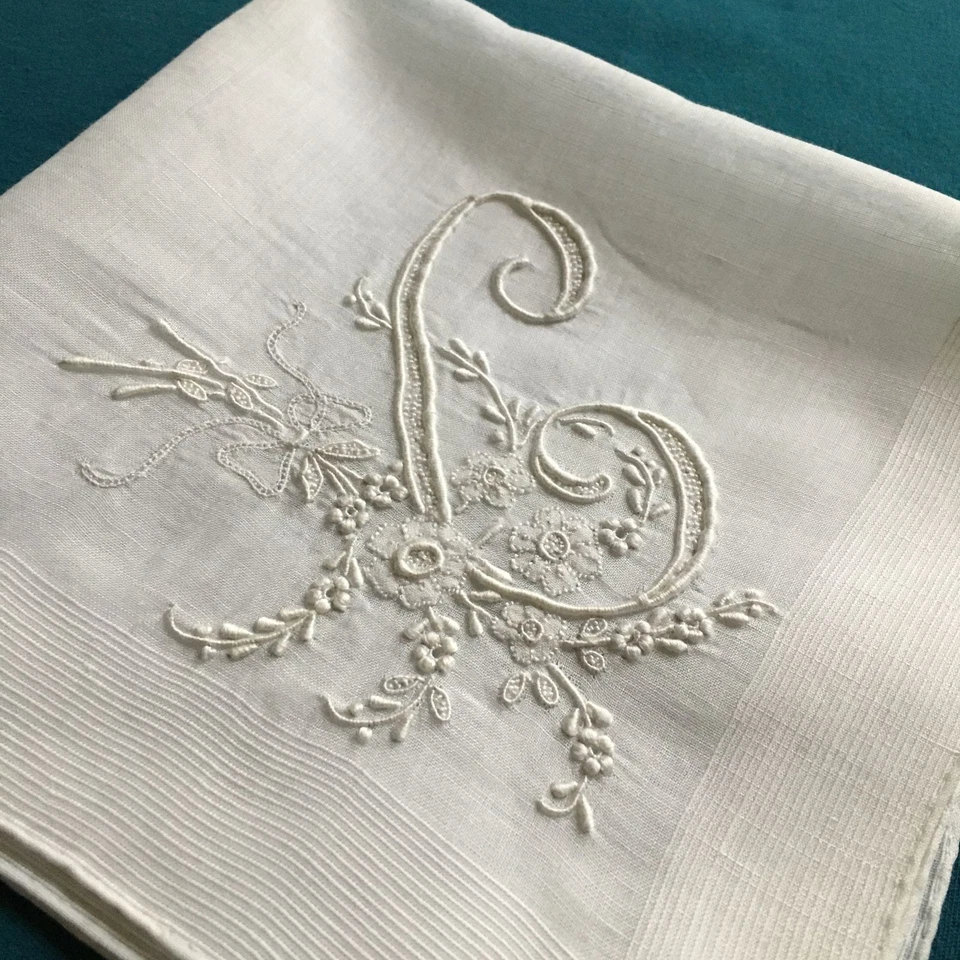 Vtg Unused Madeira White Wedding Hanky  Embroidered Monogram "C” Gerbrend - Image 1 of 4