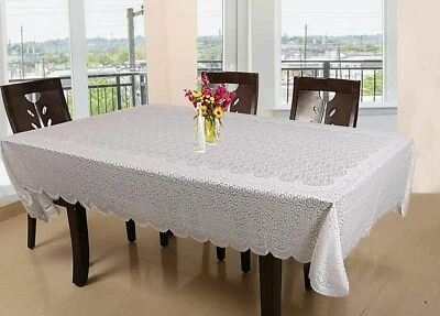 Zig Zag Design Cotton 6 Seater Dining Table Cover White US - Image 1 of 3