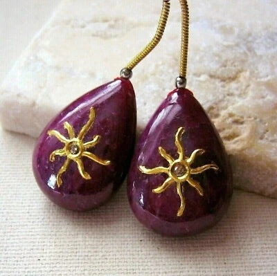 HUGE Ruby Beads 26x18mm Precious Gemstone Teardrop Pair, Inset Topaz, 24K Gold - Image 1 of 4