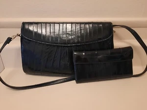 Bolso de hombro y billetera vintage negro genuino piel de anguila - Imagen 1 de 21