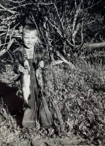 Boy Holding Two Fish B&W Photograph 2.5 x 3.5 - Picture 1 of 3