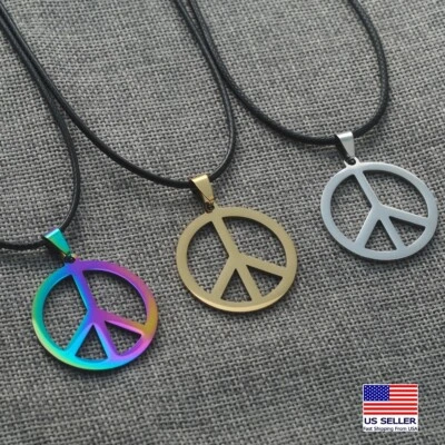 男式女式不锈钢项链反战和平标志皮革绳子风格 2025 — 第 1/4 张图片