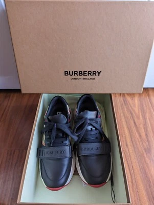 博柏利皮革和复古格纹棉质运动鞋,尺寸 38 IT 或 8 美国 — 第 1/4 张图片