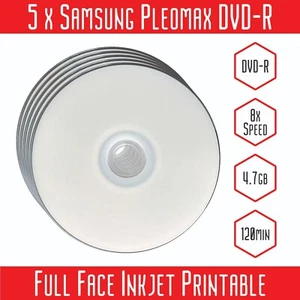 5 Samsung Blank 4.7 GB DVD-R Full Face Inkjet Printable Disc Disc Media 120 Min - Picture 1 of 3