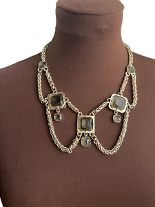 ANN TAYLOR Olive Smoky Square Crystal Statement Bib necklace gold tone chain $90 - Picture 1 of 22