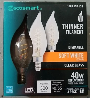 EcoSmart 40-Watt Equiv B11 Dimmable E12 Candelabra Thinner Filament 2 BOXES - Image 1 of 4