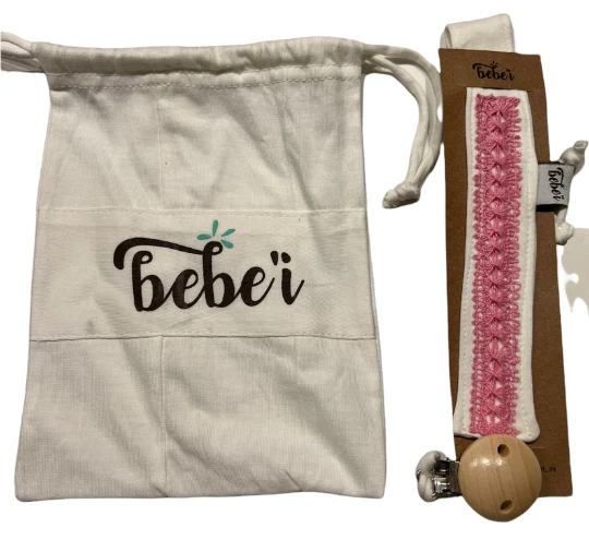 Handmade Baby Bebe’i Pacifier Chain Holder Clip Organic Fabric Ñanduti Lace - Image 1 of 4