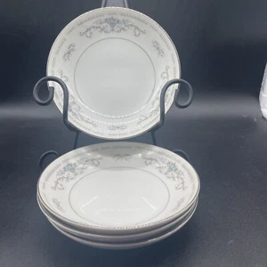 Lot of 4 Fine Porcelain China "Diane" Japan Dessert Bowls Gray & Blue Flowers - Picture 1 of 6
