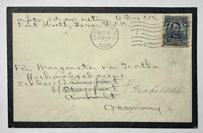 US “Oct 28, 1908” Mourning cover c/Sc#304 Ft. Worth Tx USA-Gerbstadt GE; sharp! - Image 1 of 3