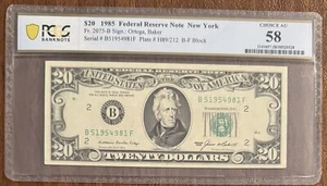 BANCONOTA 20 DOLLARI 1985 RISERVA FEDERALE NEW YORK PCGS 58 FR.2075-B ORTEGA BAKER - Foto 1 di 2