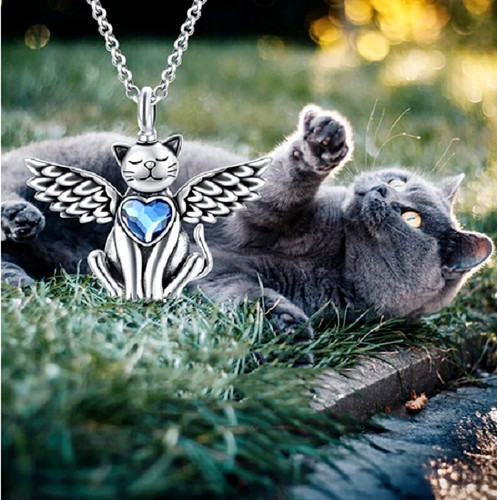 CHROME HEARTS Ciondolo ALA ANGELO GATTO CUORE BLU su collana argento sterling 925 22" premio oro