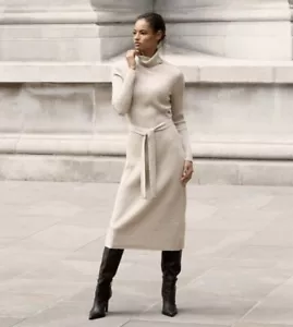 Reiss Kara knit DRESS rib oatmeal polo neck wool cashmere +belt luxe L £188 bnwt - Picture 1 of 14