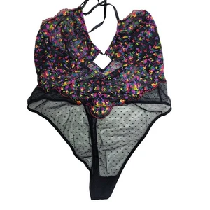 Savage X Fenty Teddy-Dessous mit Blumenspitze schwarz bunt Netz Neckholder Größe 1X - Bild 1 von 3