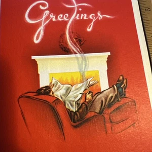 De Colección Tarjeta de Navidad Mcm Hombre Pipa para Fumar Salón Silla Chimenea Mediados de Siglo - Imagen 1 de 5