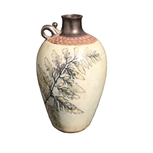 Vintage Art Pottery Handmade Sake Jar Artist Signed Black/Brown/Green Fern Motif - Picture 1 of 3
