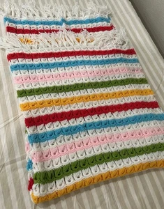 Multi Colored Afghan Handmade Crochet Blanket White with Bright Colors Fringed - Picture 1 of 3