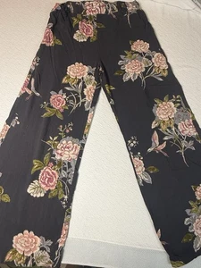 Angie Pantalone Donna Floreale Gamba Larga Medio Nero Rosa Fiori-Boho - Foto 1 di 4