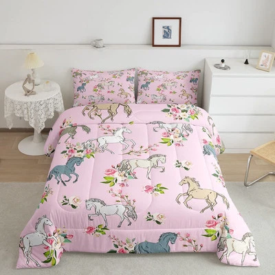 Horse Comforter Set Twin Rose Bedding Set for Girls Boys Kids Teens Western C... - Image 1 of 4