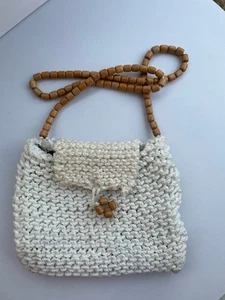 Cream Crochet Knit Handbag with Wooden Beads Crossbody Strap Boho Style Festival - Picture 1 of 11