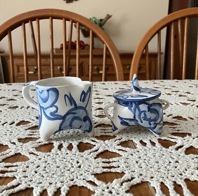 Handmade Signed Whimsical Blue and White Pottery Footed Creamer and Sugar Bowl - Image 1 of 4