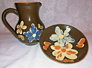 Gräfenroda Ceramiczny dzbanek / dzbanek i talerz, kwiaty ręcznie malowane, vintage