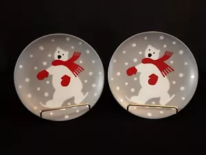 Crate And Barrel Christmas Appetizer Plates Set Of 2 Skating Polar Bears 6.5" - Picture 1 of 5