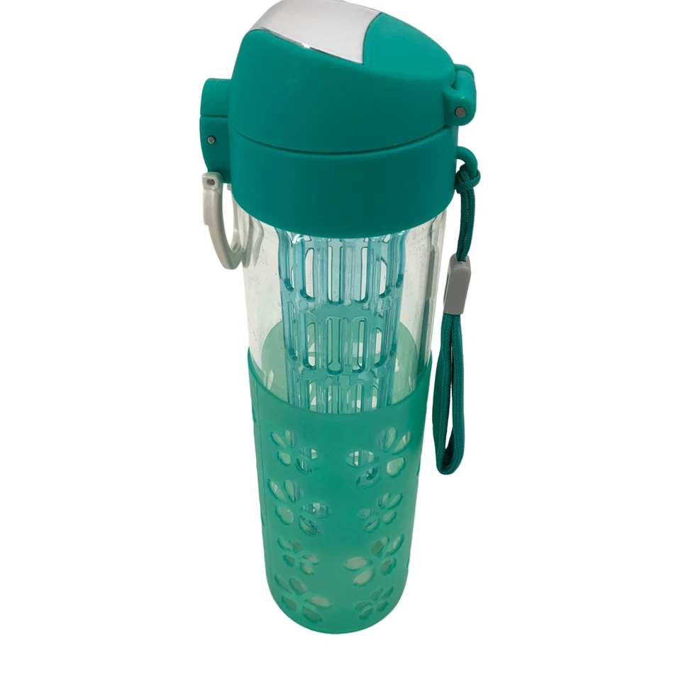 Botella de agua de vidrio infusor 16 oz tapa emergente 2279 envoltura de silicona infusor de agua Foto 1 de 4