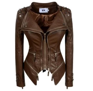 Women's Leather Slim Fit Motorcycle Jacket Zipper Coat Punk Studded Long Sleeves - Picture 1 of 18